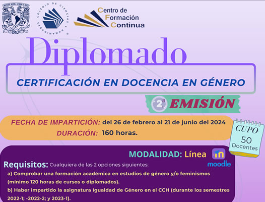 Convocatoria Diplomado Certificación en Docencia en Género. Segunda Emisión